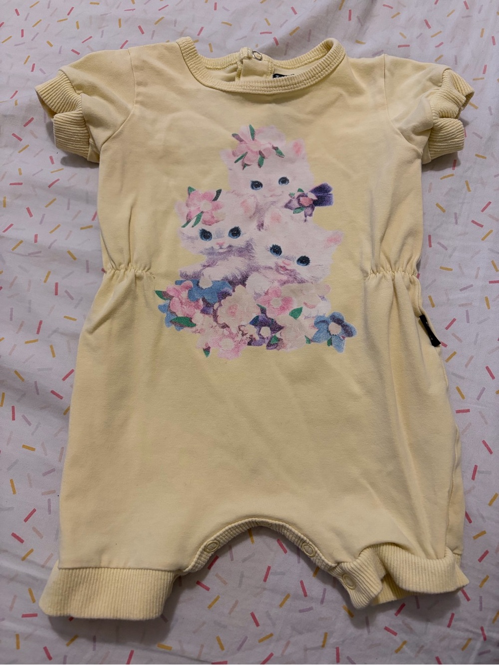 Rock Your Baby Pale Yellow Kitten Graphic One-Piece Romper